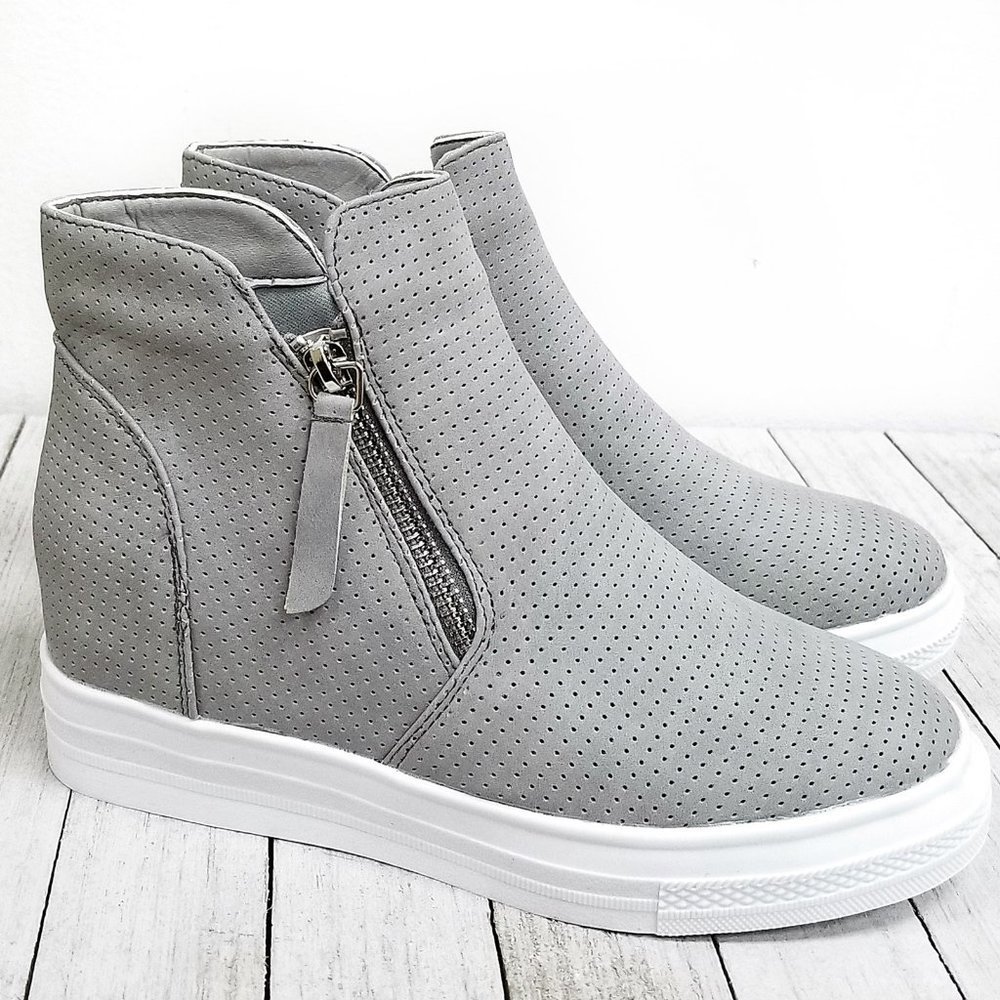 New Gray Perforated Wedge Platform Sneakers